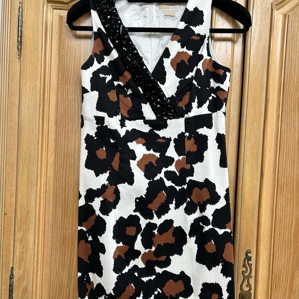 Michael Kors Size 4 Animal Print Dress with Black Beaded Neckline